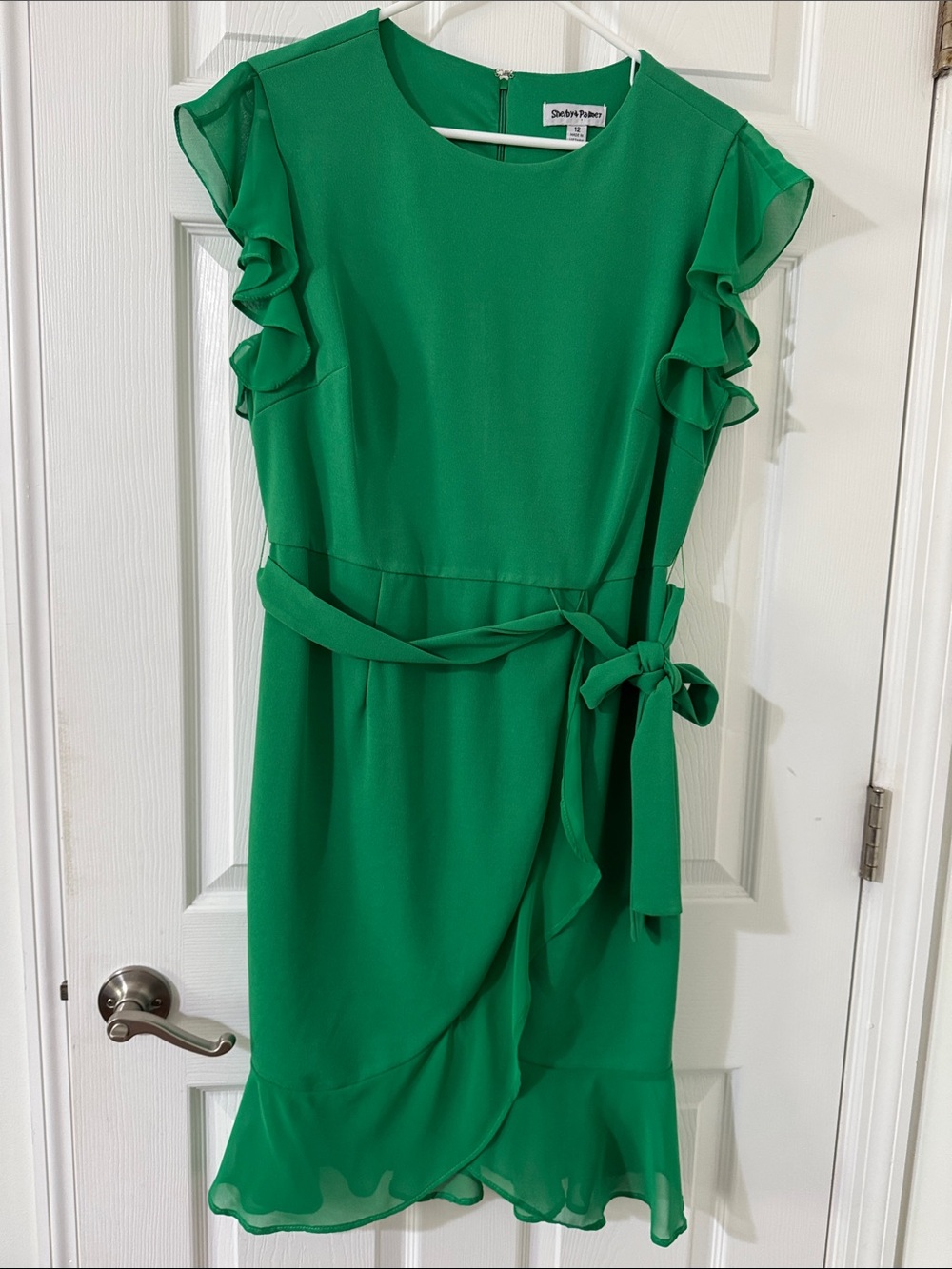 Shelby & Palmer Emerald Green Ruffle-Sleeve Midi Dress with Tie Waist